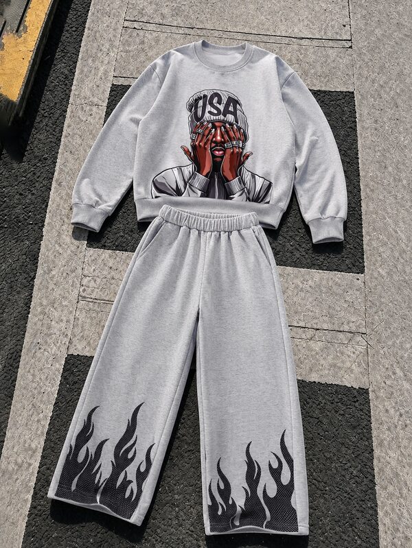 Casuvi Kids 2pcs Boys Fashion Black Printed Hoodie & Black Long Pants Set, Soft & Comfortable Fabric, Easy To Wear, Suitable For Outdoor, Sports, Dancing, School And Various Occasions, Boys Fashion Hoodie & Sweatpants Set