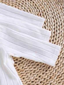 SHEIN 新生兒女嬰男嬰羅紋抓絨米白色純色交叉前襟家庭套裝基礎款長袖彈性連身衣套裝 秋季 - 白色 - 查看 5