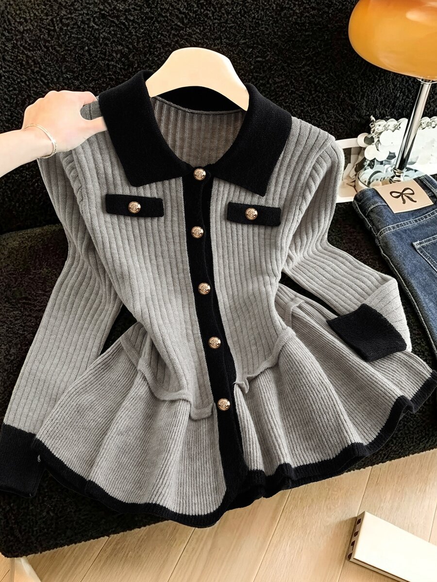 GlowEve CURVE Plus Size Women's Solid Color Knit Cardigan Sweater With Ruffle Trim, Metal Buttons, Faux Pockets, Minimalist Casual Style, Suitable For Autumn/Winter Daily Commute, Office, College, Back To School, Vacation - Multicolor - View 1