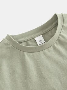 SHEIN 女童針織純色短袖圓領休閒愛心圖案T恤與長褲兩件套 - 綠色 - 查看 5
