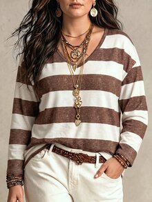 SHEIN Fashion Casual Retro Basic V-Neck White & Coffee Striped Print Plus Size T-Shirt - Multicolor - View 1