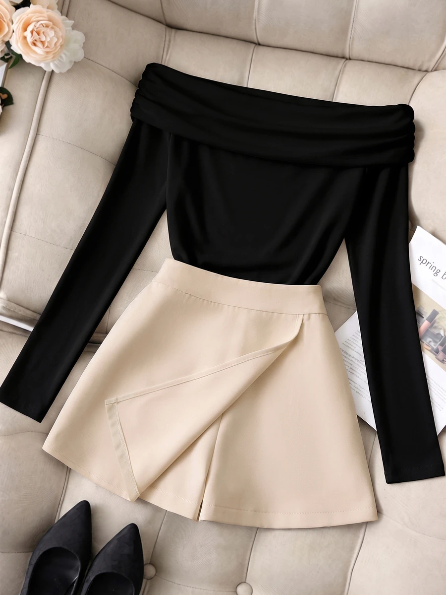 2pcs/Set Girls Big Kids Spring/Autumn New Casual Knit Minimalist Solid Color Fitted Long Sleeve Shoulder Top And Woven 2 In 1 Skort, Fall Outfits - Black - View 1