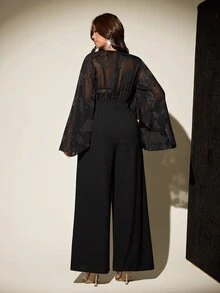 Viva Relle Plus Size Women's Sheer Cutout Bell Sleeve Wide Leg Elegant Jumpsuit Fall - Black - View 6