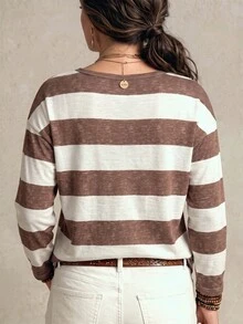 SHEIN Fashion Casual Retro Basic V-Neck White & Coffee Striped Print Plus Size T-Shirt - Multicolor - View 2