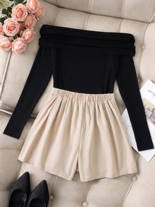 2pcs/Set Girls Big Kids Spring/Autumn New Casual Knit Minimalist Solid Color Fitted Long Sleeve Shoulder Top And Woven 2 In 1 Skort, Fall Outfits - Black - View 2