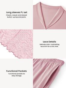 LUVLETTE Fall Soft Pink 100% Pure Cotton Luxurious Lace Trim Button-Up Top & Pants Loungewear Pajama Set For Pyjama Cotton Pajamas Graphic - Pink - View 4