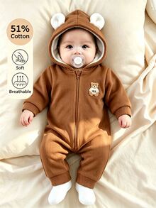 SHEIN Baby Boy Cartoon Bear Patch Zipper Front Hooded Romper - Brown - View 3