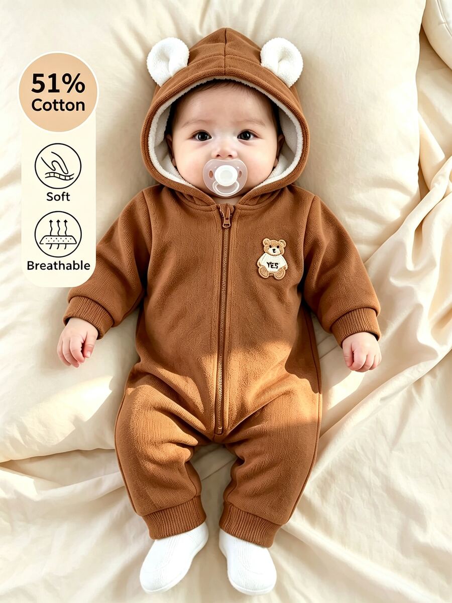SHEIN Baby Boy Cartoon Bear Patch Zipper Front Hooded Romper - Brown - View 1