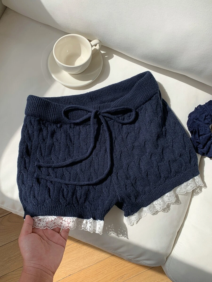 Comfortcana Women's Waist Tie Cable Knit Casual Shorts - Navy Blue - View 1