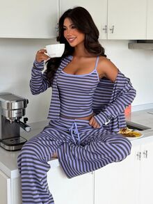 ZzzCrew Korean Style Purple Striped Knit Cardigan, Vest And Pants 3 Pieces Set, Casual Slouchy - Purple - View 1