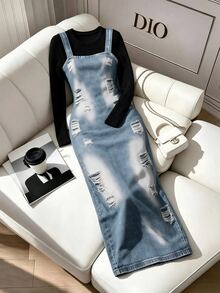 SHEIN Franclia Autumn/Winter Vintage Graphic Washed Distressed Ripped Print Suspenders Long Dress Women's Bodycon Spaghetti Strap Day Time Black Light Blue - Blue - View 7