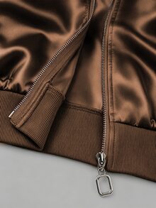 SHEIN LUNE Apricot Satin Baseball Jacket, Solid Color Without Print, Ribbed Baseball Collar, Long Sleeve With Ribbed Cuffs, Ribbed Elastic Waistband, Light Luxury Casual Style, Minimalist Commute Style, Suitable For Daily Commute, Casual Shopping, Short Trips, Inner Wear And Outer Wear - Brown - View 3