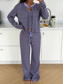 ZzzCrew Korean Style Purple Striped Knit Cardigan, Vest And Pants 3 Pieces Set, Casual Slouchy - Purple - View 5
