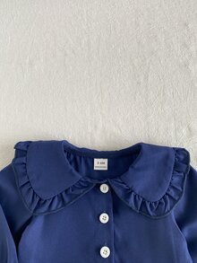 SHEIN Playful Pals 女嬰可愛娃娃風大領口前開襟刺繡下擺鬆緊腰刺繡袖口長袖長褲套裝 春秋款 - 寶藍色 - 查看 3