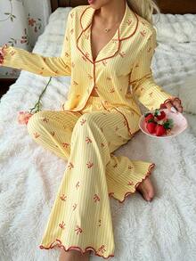 CottageSlumber Sweet Striped Ins Korean Style Bow Print Pajamas Women Long Sleeve Long Pants Loungewear - Yellow - View 1