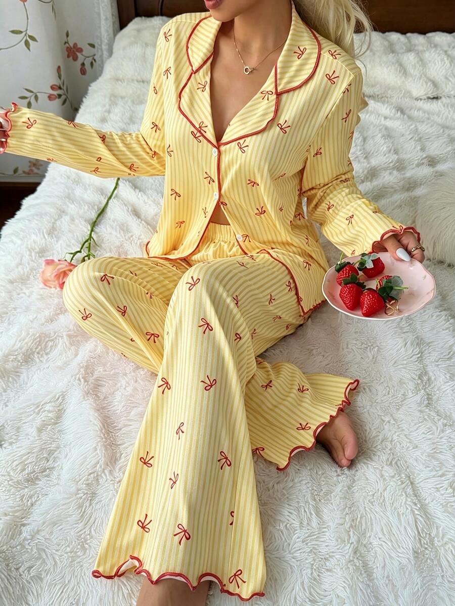 CottageSlumber Sweet Striped Ins Korean Style Bow Print Pajamas Women Long Sleeve Long Pants Loungewear - Yellow - View 1