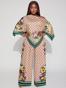 Poshavie Poshavie Plus Size Floral Geo Print Asymmetrical Top & Wide Leg Pants Set, Striped Trim Loose Two Pieces Outfit - Khaki - View 6