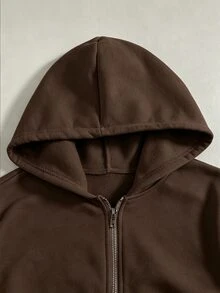 SHEIN 青少年女孩秋季棕色拉鍊前開式落肩長袖寬鬆休閒可愛連帽衛衣外套 抓絨內裡 基本款 感恩節 - 棕色 - 查看 6