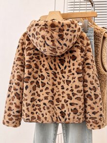 SHEIN معاطف شتوية للبنات المراهقات باللون الأسود قابلة للعكس بطبعة نمر مبطنة بالصوف - الأسود - مشاهدة 5