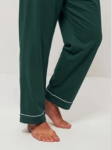 LUVLETTE Plus Size Fall Soft 100% Pure Cotton Sky Blue Basic Long Sleeve Button-Up Top & Pants Pajama Sets For Men Lounge With Pockets Pajamas Graphic - Dark Green - View 6