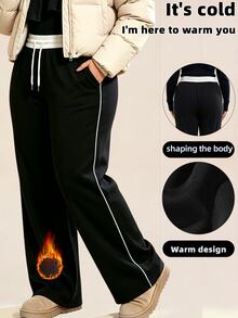 SHEIN Rhythm Era Women's Plus Size Casual Drawstring Waist Pocket Sweatpants - Black - View 1