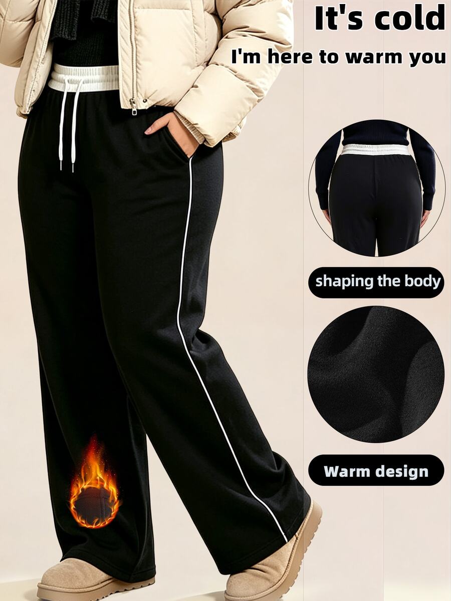 SHEIN Rhythm Era Women's Plus Size Casual Drawstring Waist Pocket Sweatpants - Black - View 1