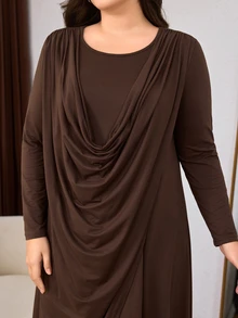 Lacomfia Women's Ruched Drape Cowl Neck Long Sleeve Top & Wide Leg Pants Lazy Design Fashionable Autumn/Winter Plus Size 2 Pieces Set - Coffee Brown - View 3