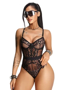 AltBold 1pc Lace Patchwork Bodysuit - Black - View 5
