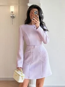 Modelyn Women's Round Neck Long Sleeve Pocket Design Elegant Short Dress - Purple - View 1