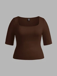 SHEIN BASICS 3件裝休閒純色針織方領短袖修身大尺碼T恤 - 彩色 - 查看 7