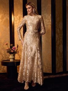 MOTF Tall WOMEN'S TALL GOLD HEAVY EMBROIDERY MESH ELEGANT LONG COCKTAIL DRESS - Gold - View 6