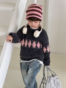 DAZY Infant/Toddler (Boy) Round Neck Diamond Grid Long Sleeve Autumn/Winter Korean Style Sweater - Grey - View 5