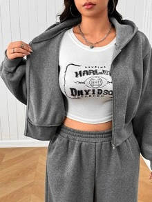 SHEIN EZwear Plus Size Women Solid Color Long Sleeve Zipper Front Hooded Sweatshirt And Sweatpants Casual 2 Pieces Set Fall - Grey - View 6