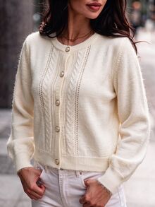 Velvienne Women's Autumn New Single Piece Round Neck Cutout Design Elegant Lady Shoulder Pleated Slim Fit Short Knit Cardigan Plus Size Top For Daily Wear And Commute - Beige - View 1
