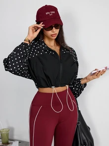 Slayform Women's Polka Dot Colorblock Casual Daily Outdoor Sports Jacket - Black and White - View 4