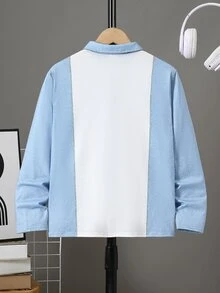 SHEIN 兒童青少年男孩休閒牛仔效果印花長袖 Polo 衫，適合通勤、上學、日常休閒、大學、旅行、運動，秋冬款 - 白色 - 查看 3