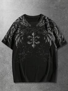ROMWE MEN Street Life Plus Size Men's Wing Print Crew Neck Short Sleeve Casual T-Shirt - Black - View 1