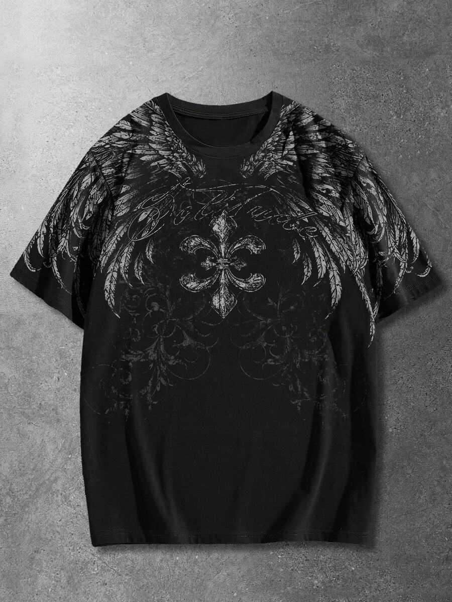 ROMWE MEN Street Life Plus Size Men's Wing Print Crew Neck Short Sleeve Casual T-Shirt - Black - View 1