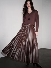 Anewsta Women's Romantic Elegant Textured Pleated PU Skirt, Suitable For Holiday, Daily Wear, Party, Date, Commute And Other Occasions - Coffee Brown - View 6