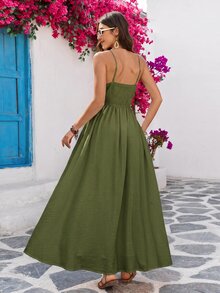 Vivid Eden 女款綠白花卉夏季波西米亞度假洋裝，無袖刺繡飄逸陽光裙，優雅海灘熱帶郵輪穿搭 - 軍綠色 - 查看 2