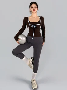DAZY Kaos Olahraga Lengan Panjang 2 in 1 Wanita dengan Ikatan Depan, Cocok untuk Gym, Latihan, Musim Gugur, Warna Cokelat Tua, Sporty dan Sederhana. - Coklat - View 8