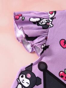 HELLO KITTY AND FRIENDS | SHEIN Young Girl Cartoon Print Round Neck Flutter Sleeve Casual Dress - Purple - View 6