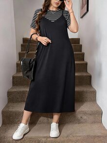 Easowa Curve Set 2 Potong Kaos Bergaris dan Gaun Cami Ukuran Plus - MultiWarna - View 1