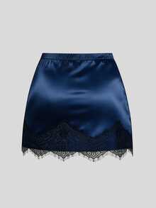 Sweetra Plus Size Autumn/Winter Elegant Sexy Satin Fitted Ruched Lace Patchwork Bodycon Mini Skirt Fall - Navy Blue - View 2