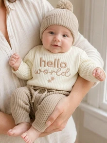 SHEIN 3pcs Newborn Baby Knit Sweater Pants Hat Set Sweet Cream Khaki Hello World Star Embroidery Ribbed Pom Pom Beanie Long Sleeve Photography Fall Jumpers - Khaki - View 6