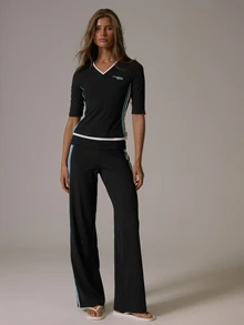 Musera Sport V Neck Logo Front Contrast Side Stripe Fitted Quarter Sleeve Coord Top Fall Autumn Winter Gym Active Pilates Motion - Black - View 2