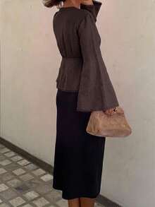 Siren Gaze Women's Solid Color Contrast Lace V-Neck Bell Sleeve Fashion Blouse - Apricot - View 3