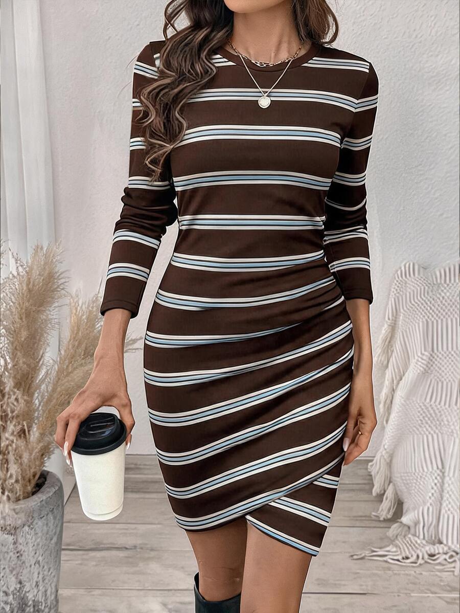 SHEIN LUNE Autumn Brown Ribbed Contrast Color Long Sleeve Fitted Waist Ruched Ribbed Elegant Short Dress For Women - Multicolor - View 1