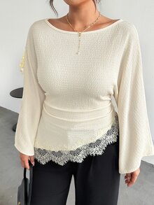 Firerie Plus Size Women's Round Neck Bell Sleeve Contrast Lace Pleated Hem Blouse - Apricot - View 4