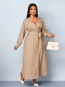 SOLERSUN V-Neck Criss-Cross Loose Long Sleeve Dress, Waist Tie Cinched Waist, All-Over Geometric Print, Suitable For Commuting And Daily Wear Fall - Khaki - View 5